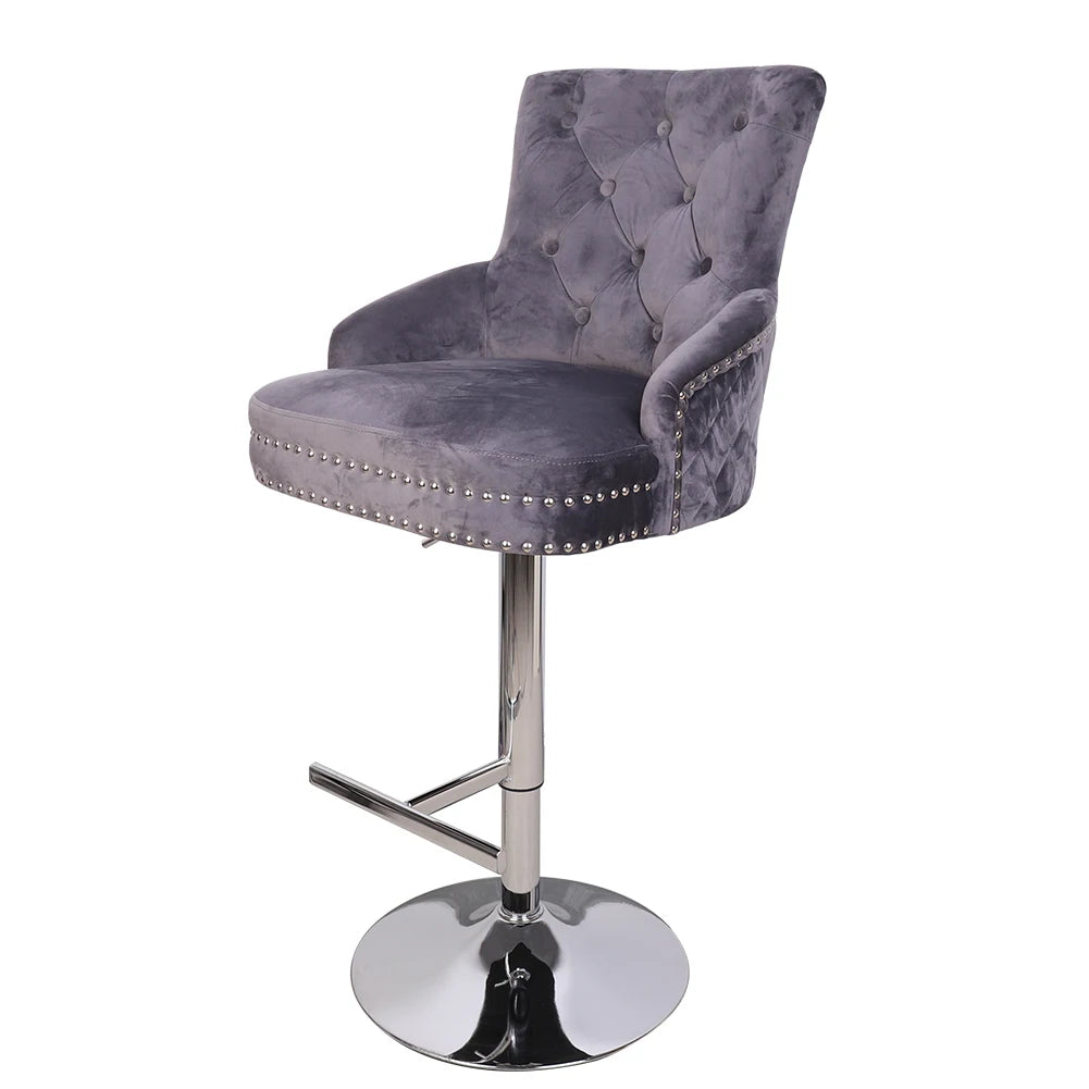 Luxury Black Velvet Swivel Bar Stool with Lion Knocker & Cross stitch High Back