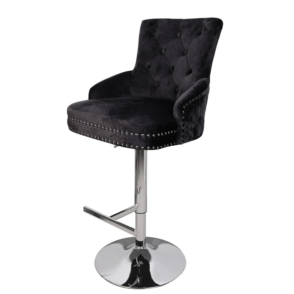 Luxury Black Velvet Swivel Bar Stool with Lion Knocker & Cross stitch High Back