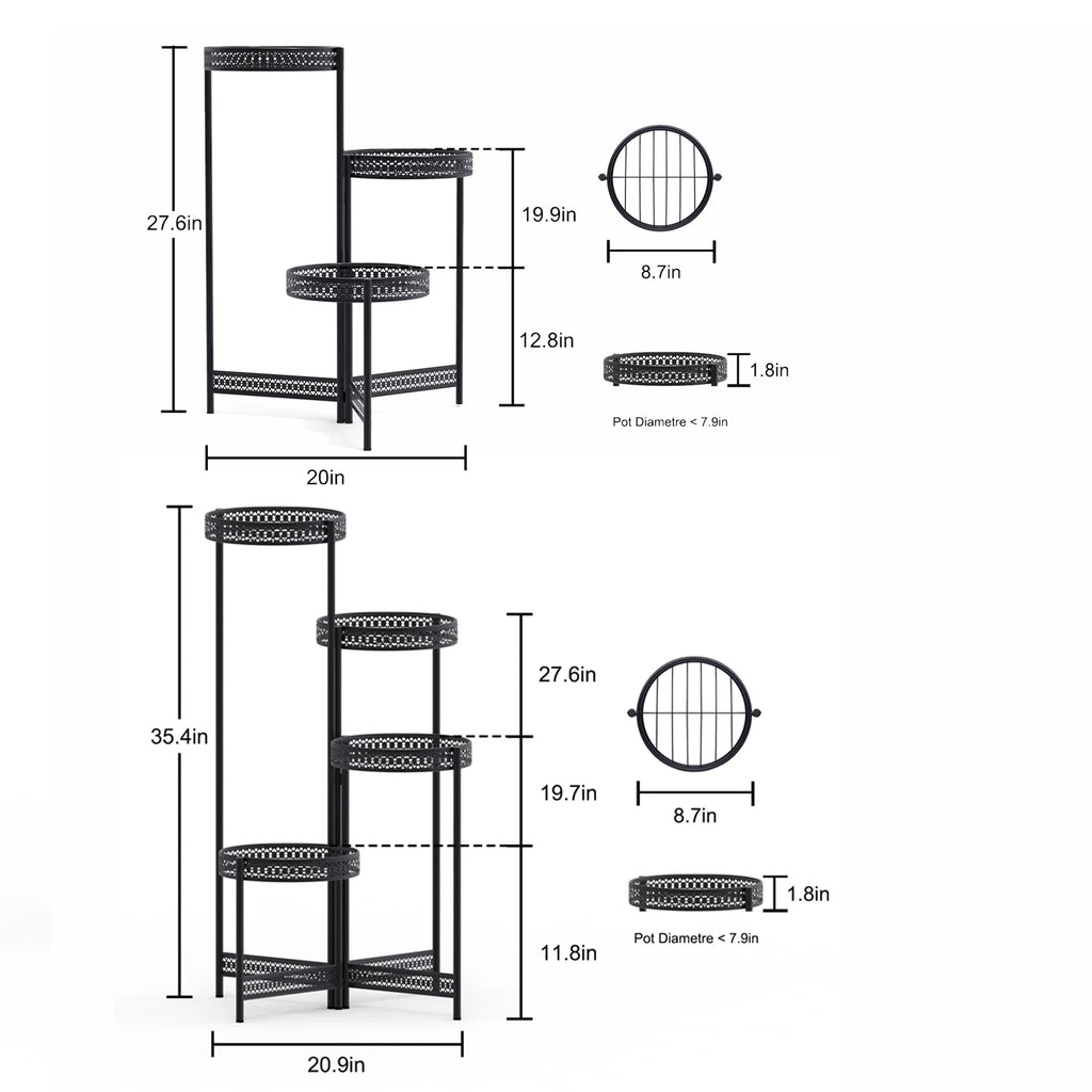 3/4 Tier Metal Plant Stand Indoor Black Tall Flower Pot Holder Display Rack Foldable for Patio Garden Living Room Corner Balcony