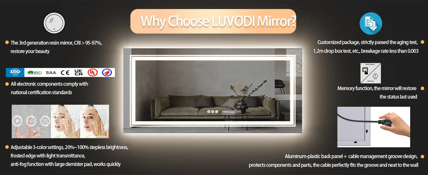 55x28 Inch Dimmable Large Rectangular LED Lighted Bathroom Mirror Wall Mounted Vanity Backlit Mirror with Touch 3 Colors Switch