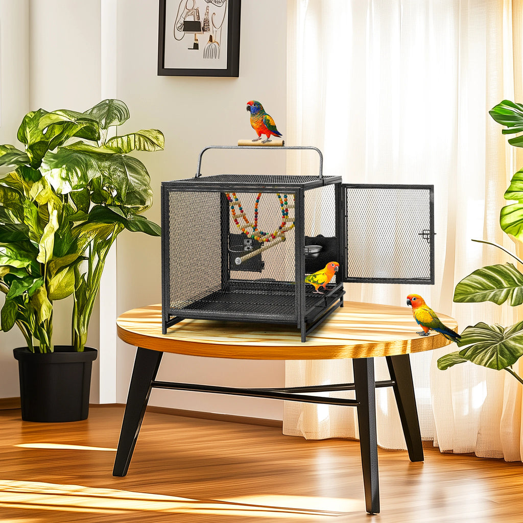 Wrought Iron Bird Travel Carrier Cage Parrot Cage with Handle Wooden Perch & Seed Guard for Small Parrots Canaries Budgies Parro