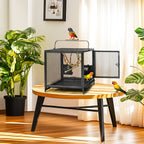 Wrought Iron Bird Travel Carrier Cage Parrot Cage with Handle Wooden Perch & Seed Guard for Small Parrots Canaries Budgies Parro
