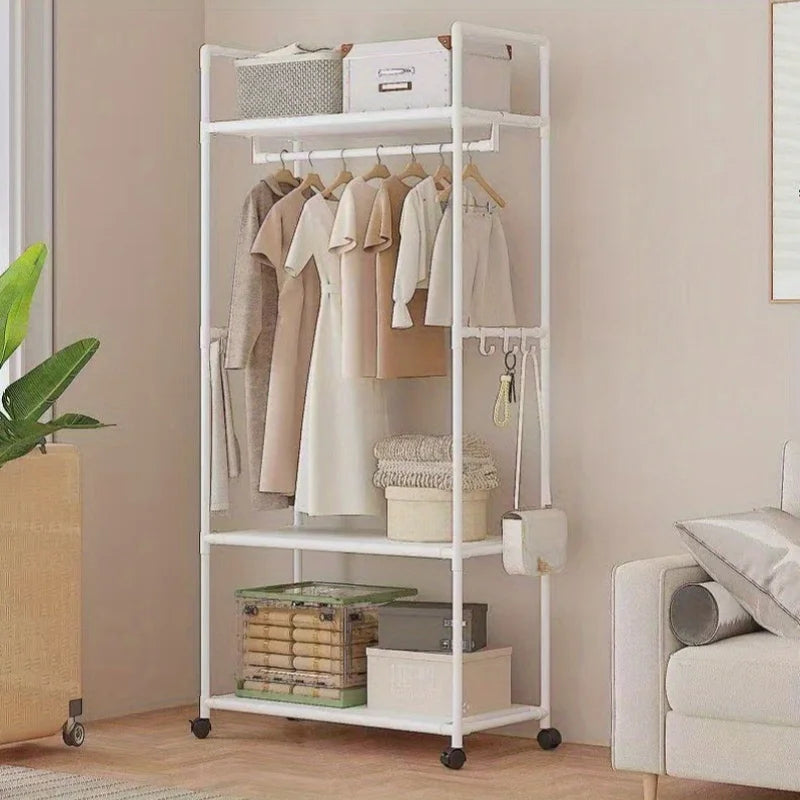 Clothing Storage Rack with Wheels, Hooks & Shelves - Space-Saving Organizer, Durable Freestanding Clothes Organizer for Bedroom