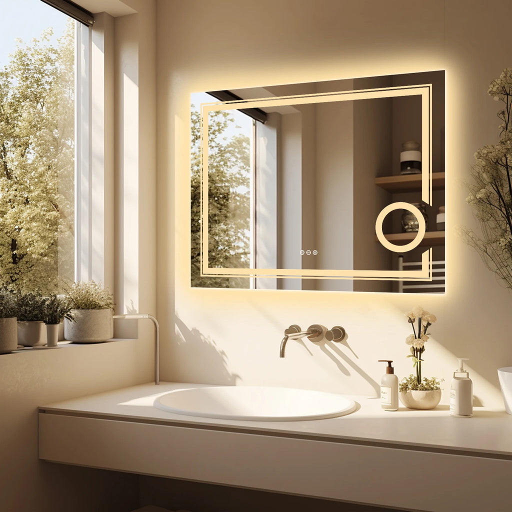 Wisfor LED Lighted Smart Bathroom Mirror 3X Lighted Magnifier Wall Mounted White Light Front Backlit Dimmable Anti-Fog