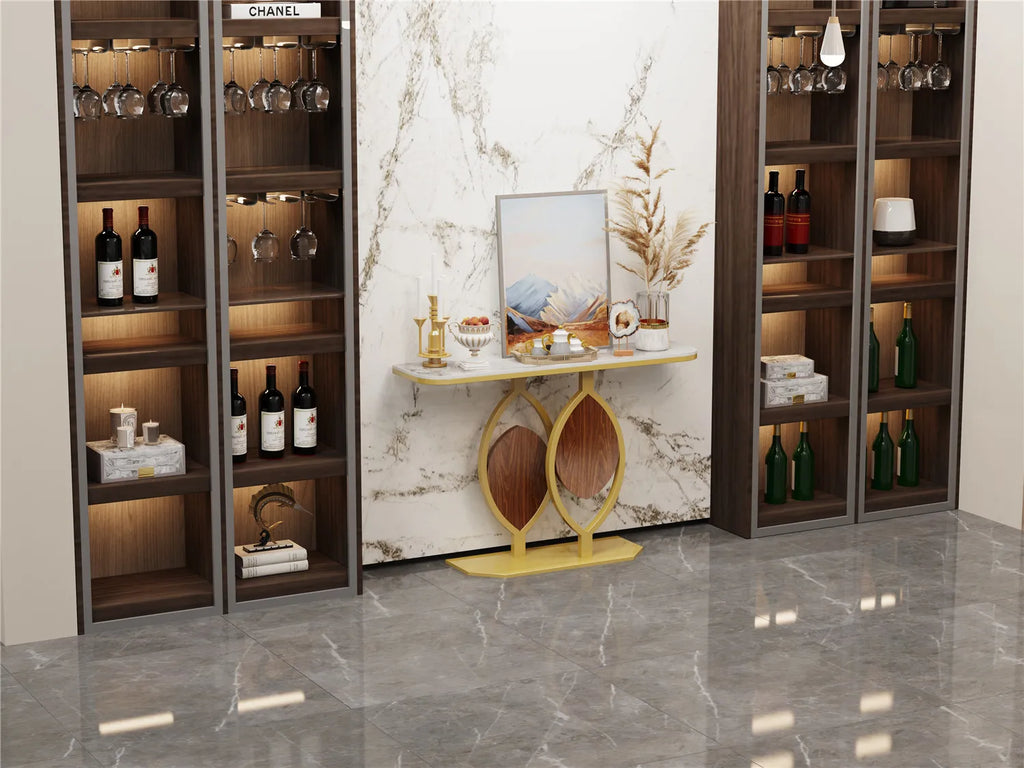 Modern Gold Console Table with Geometric Metal Base, Sintered Stone Narrow Entryway Table Foyer Table for Entrance, Living Room