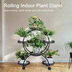 unho 6 Potted Metal Plant Stand Garden Cart Wrought Iron Flower Pots Rack Holder Display Shelf with Wheels for Patio Porch