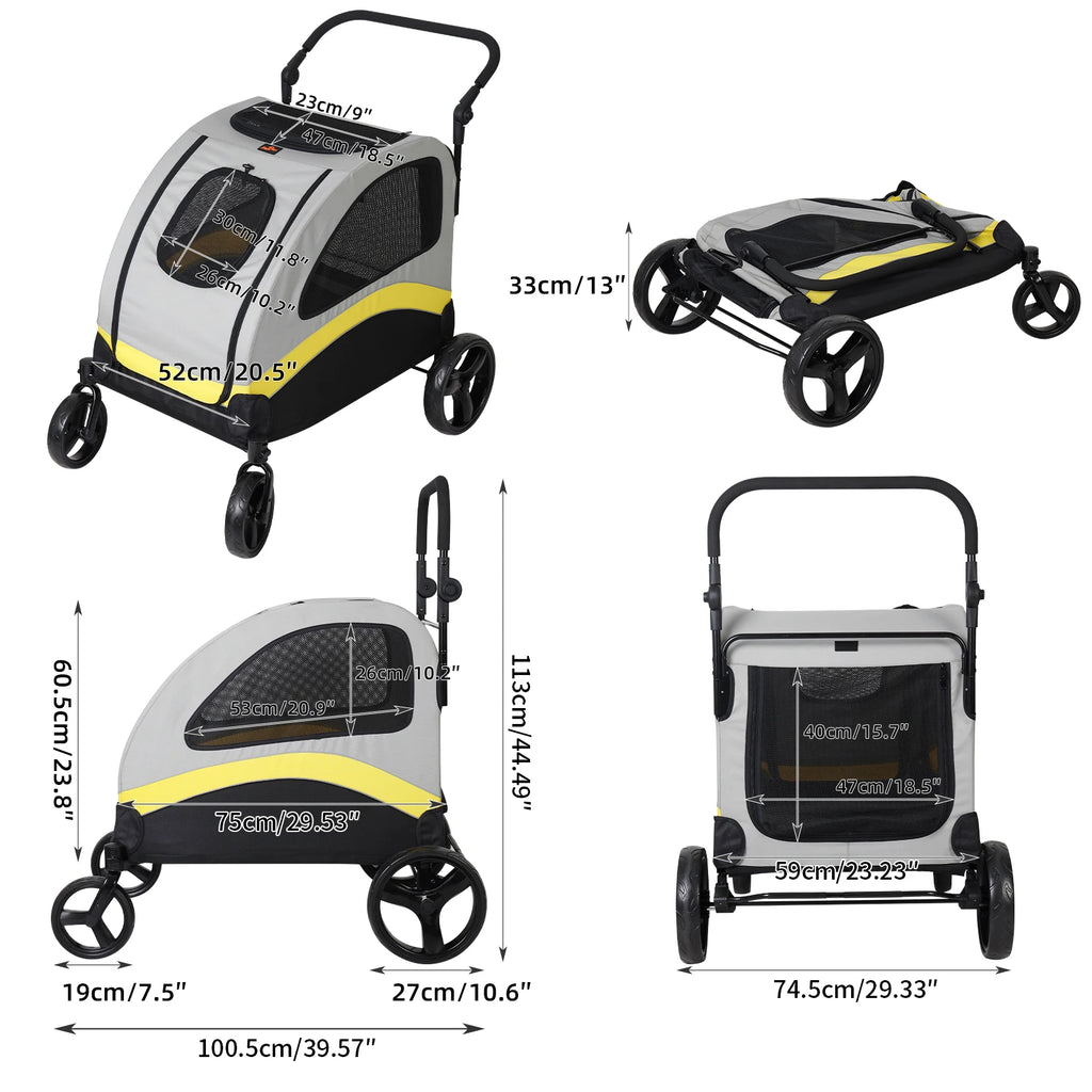 Large Dog Stroller 4 Wheel Pet Trolley Carrier Foldable for 2 Dogs up to 121 lbs