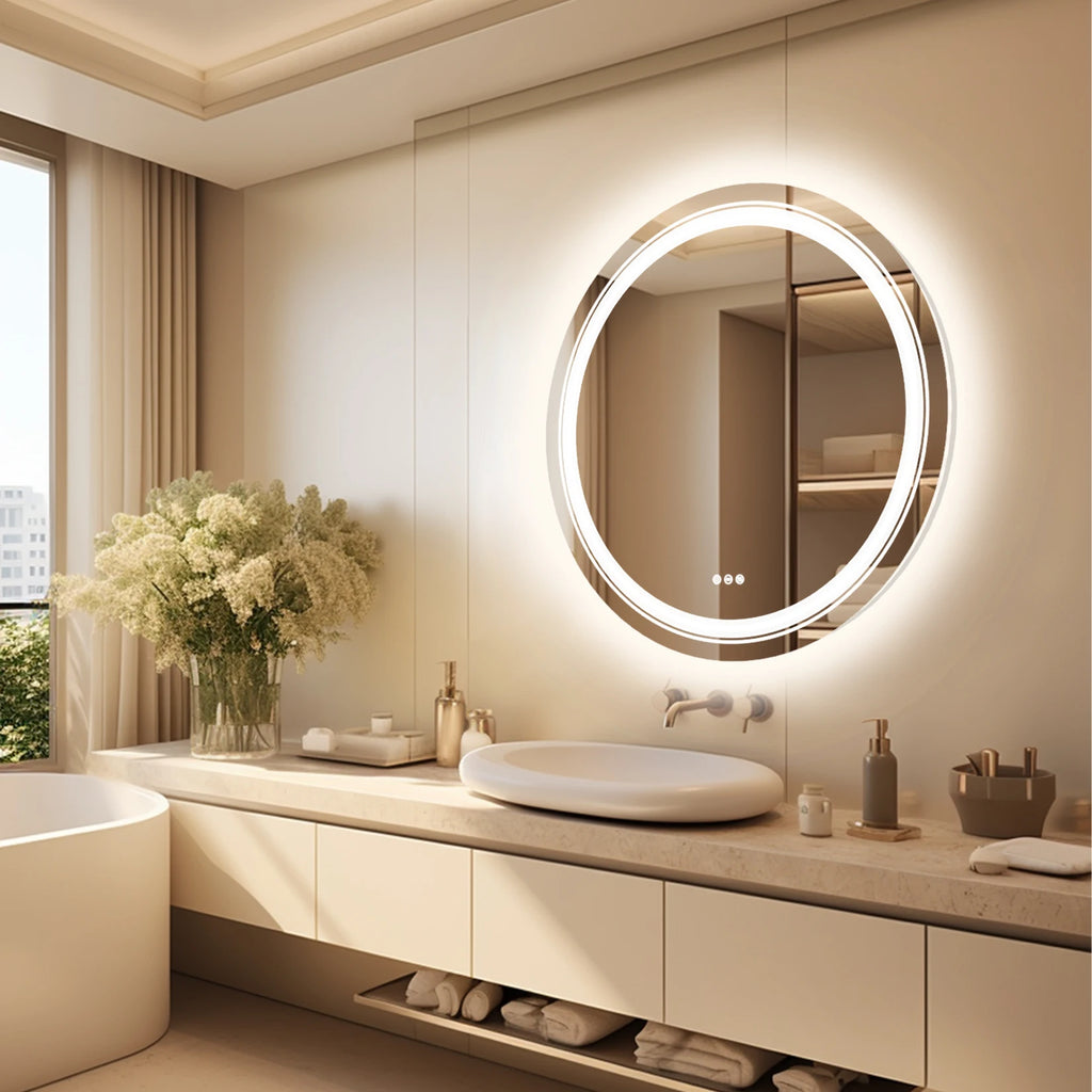600mm LED Round Wall Mounted Vanity Mirror with Demister Pad Smart Touch Sensor Memory Function Backlit Front Lighted 3 Colors