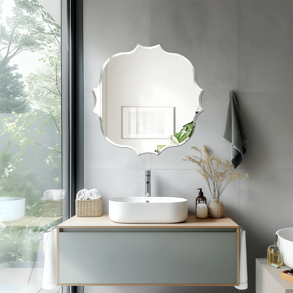 Wisfor Frameless Silver Square Wall Hanging Mirror, Elegant Beveled Edges Frameless Wall Hanging Mirror, Modern Accent Decor