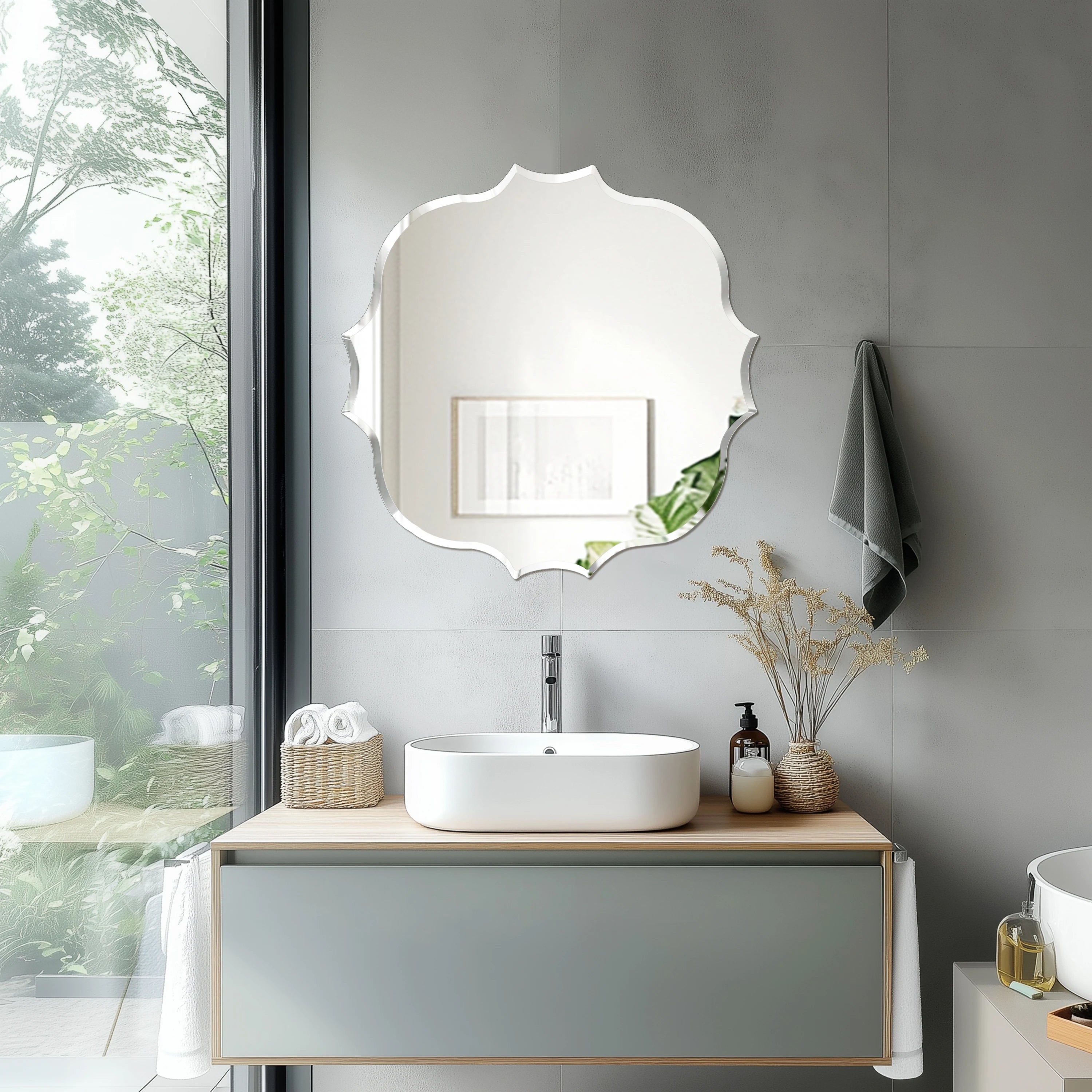 Wisfor Frameless Silver Square Wall Hanging Mirror, Elegant Beveled Edges Frameless Wall Hanging Mirror, Modern Accent Decor