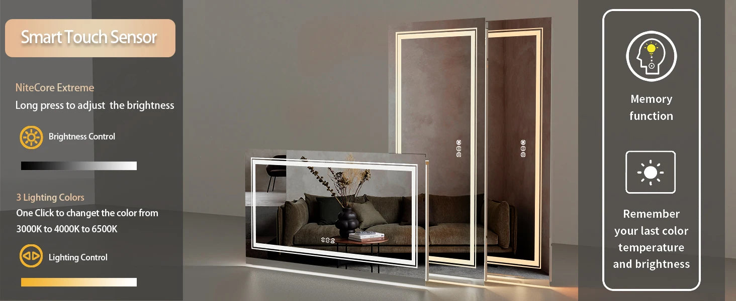 55x28 Inch Dimmable Large Rectangular LED Lighted Bathroom Mirror Wall Mounted Vanity Backlit Mirror with Touch 3 Colors Switch