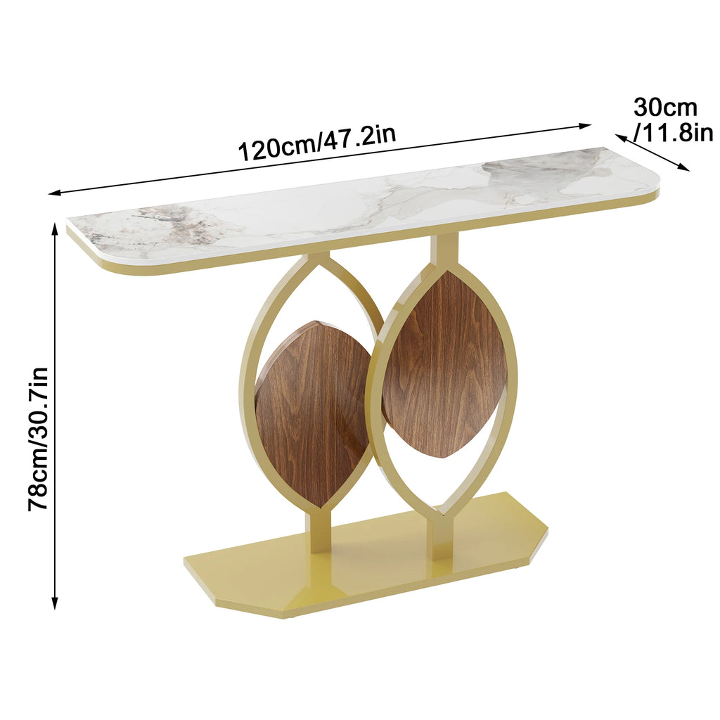 Modern Gold Console Table with Geometric Metal Base, Sintered Stone Narrow Entryway Table Foyer Table for Entrance, Living Room