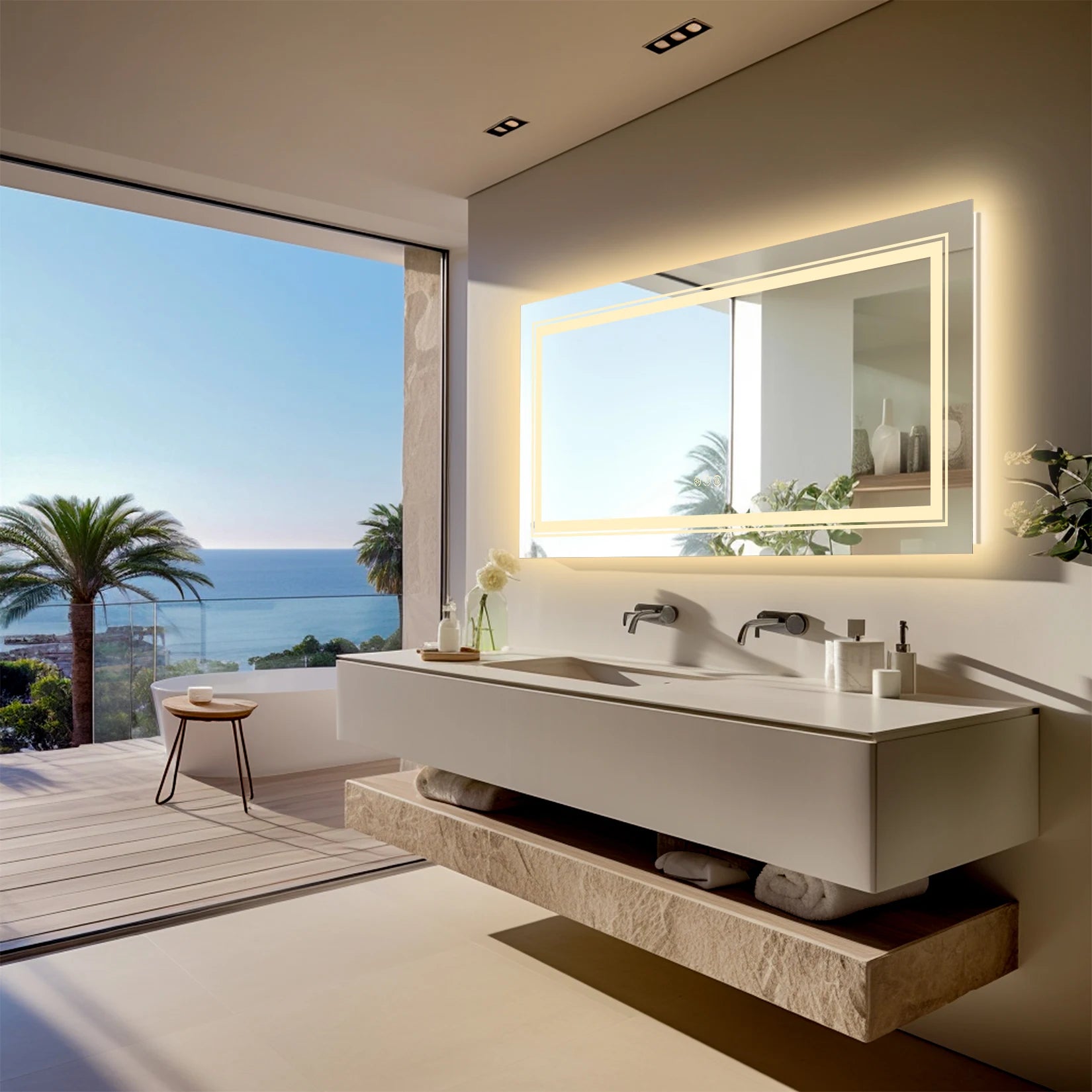 55x28 Inch Dimmable Large Rectangular LED Lighted Bathroom Mirror Wall Mounted Vanity Backlit Mirror with Touch 3 Colors Switch