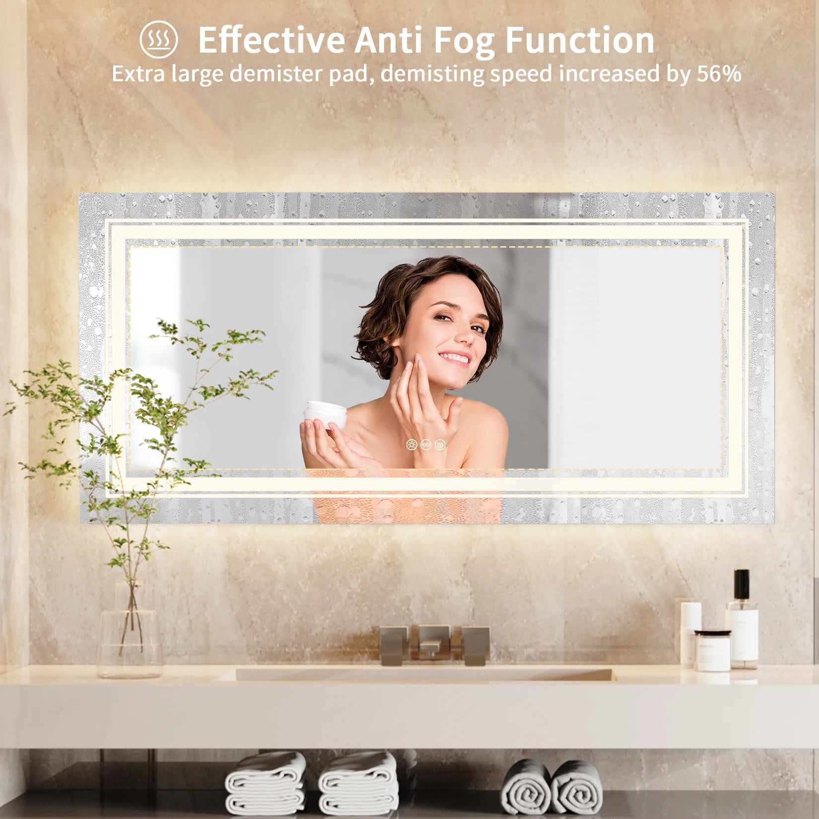 55x28 Inch Dimmable Large Rectangular LED Lighted Bathroom Mirror Wall Mounted Vanity Backlit Mirror with Touch 3 Colors Switch
