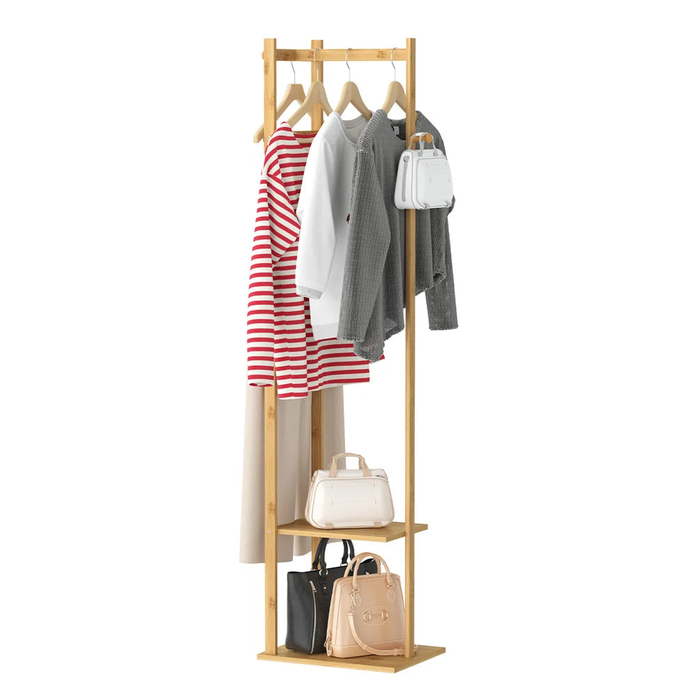 Bingopaw Coat Tree Solid Bamboo Freestanding Coat Rack with Storage Garments Corner Stand with Hooks for Home Bedroom