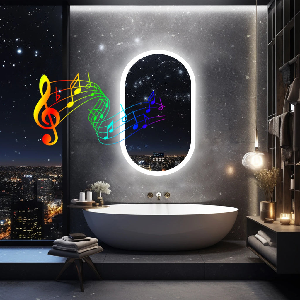 Oval LED Bathroom Mirror with Lights, Anti-Fog, Bluetooth Speaker, 3 Colors Temperature Dimmable Lighted Mirrors Waterproof