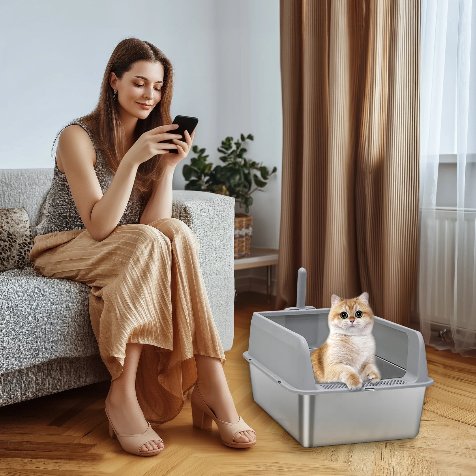 Bingopaw Stainless Steel Litter Box with Lid, High Sides Metal Litter Box System for for Big Cats, Anti-Leakage, Easy Cleaning