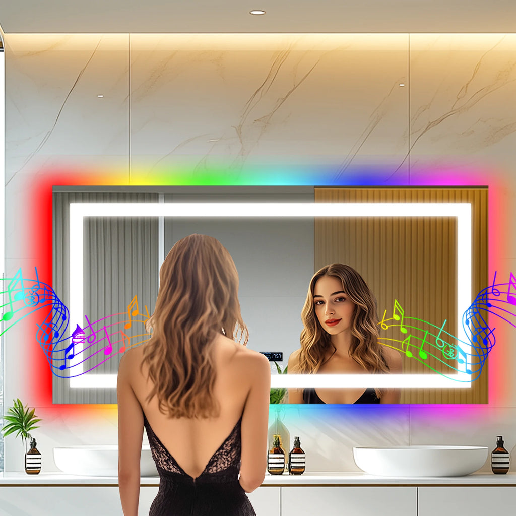 Wisfor Rectangular RGB Bathroom Mirror With Bluetooth Speaker 27x35inch Wall Lighted Bathroom Mirror With Smart Display, 3 Color