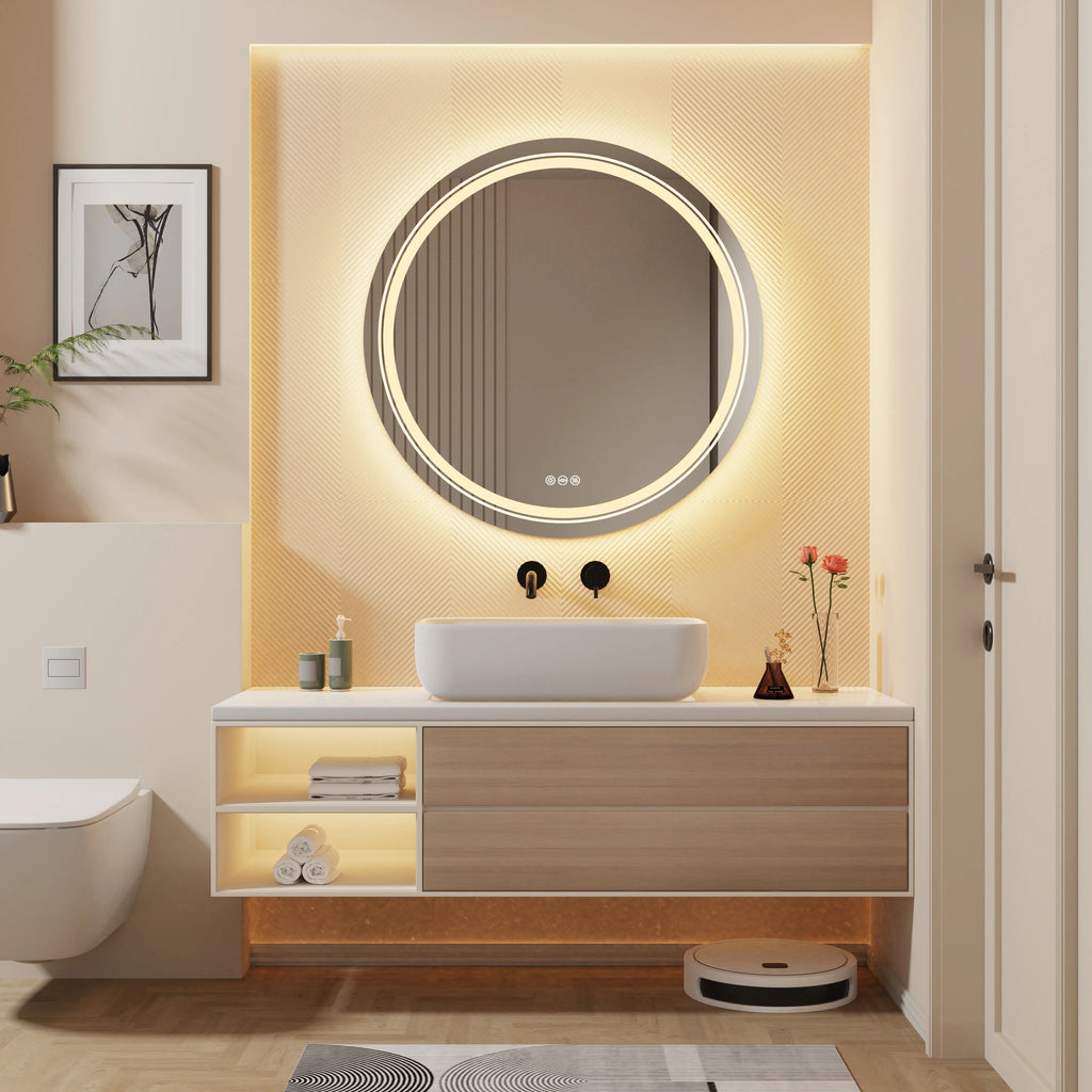 800mm LED Circle Wall Mounted Vanity Mirror with Demister Pad Smart Touch Sensor Memory Function Backlit Front Lighted 3 Colors