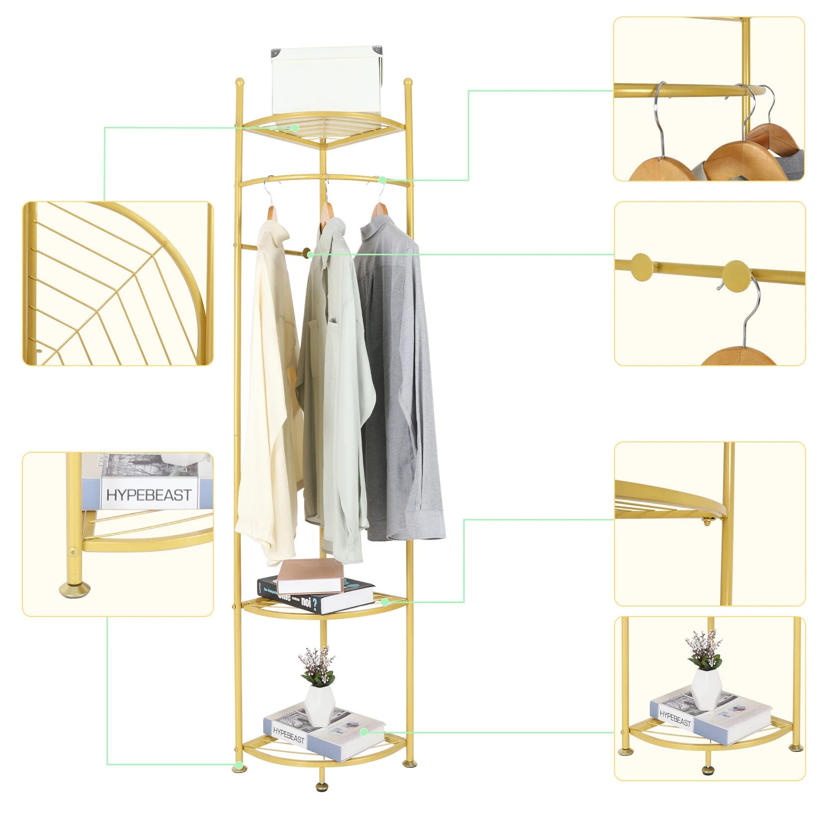 Space-Saving Tall Entryway Gold Metal Coat Stand with Shelves A Free-Standing Clothes Rack Ideal for Bedroom  & Living Room