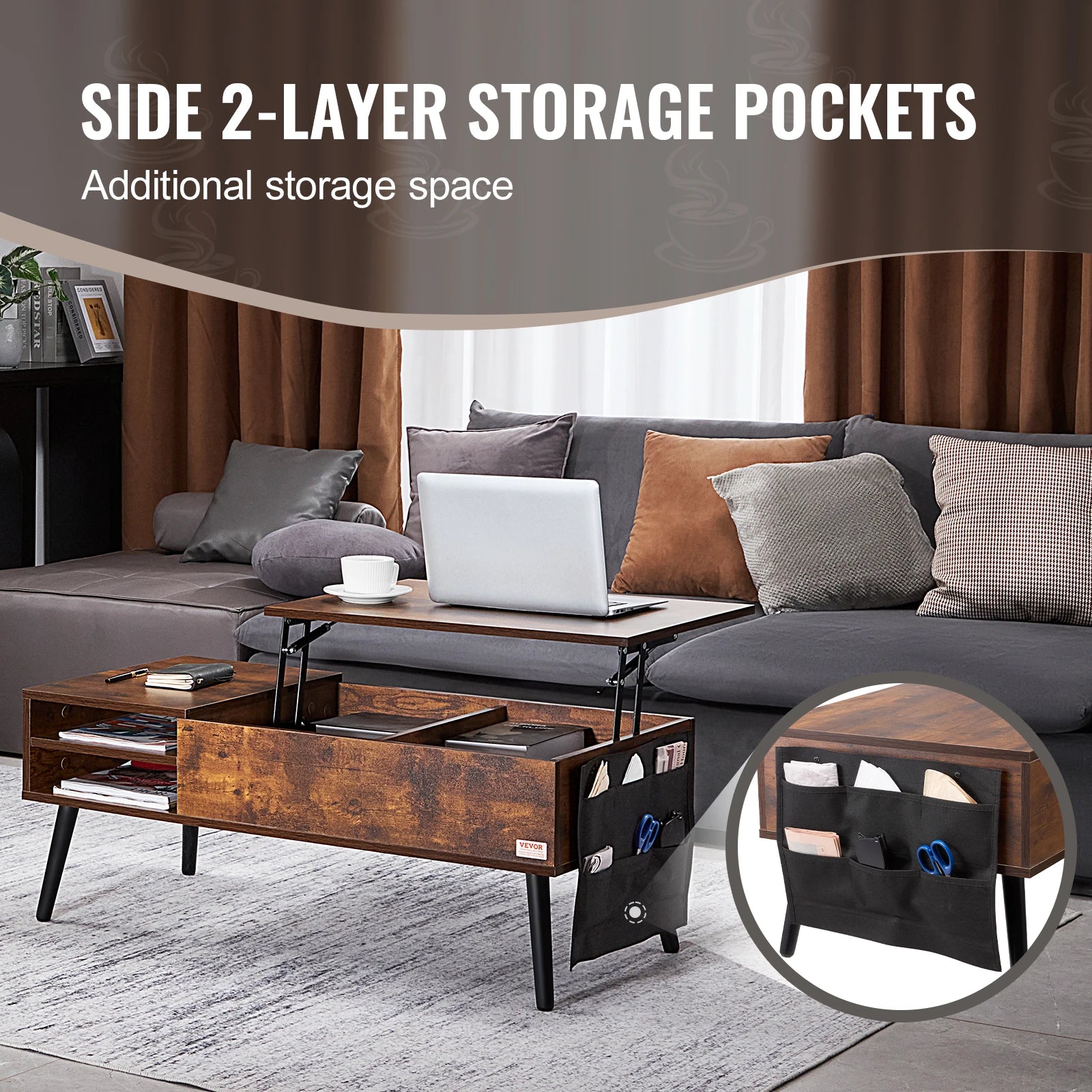 VEVOR Lift Top Coffee Table Round Rectangle Table with Extra Storage Pockets Pop Up & Flipable Coffee Table for Living Room