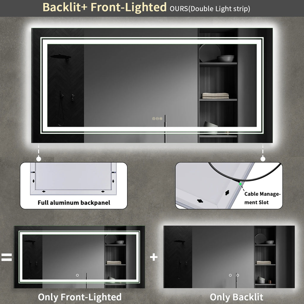 55x28 Inch Dimmable Large Rectangular LED Lighted Bathroom Mirror Wall Mounted Vanity Backlit Mirror with Touch 3 Colors Switch