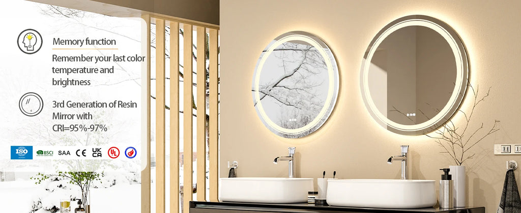 800mm LED Circle Wall Mounted Vanity Mirror with Demister Pad Smart Touch Sensor Memory Function Backlit Front Lighted 3 Colors