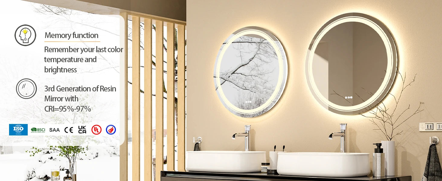 800mm LED Circle Wall Mounted Vanity Mirror with Demister Pad Smart Touch Sensor Memory Function Backlit Front Lighted 3 Colors