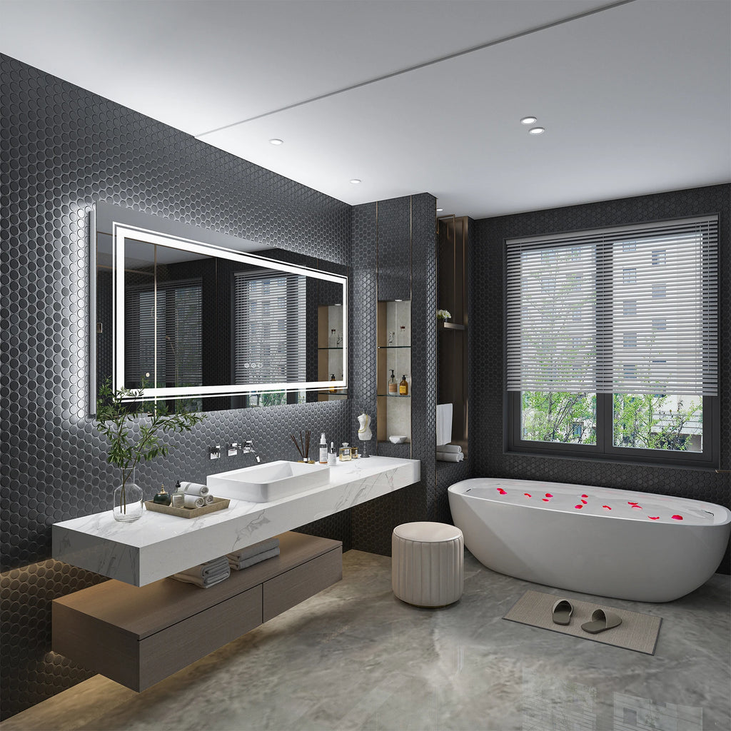 55x28 Inch Dimmable Large Rectangular LED Lighted Bathroom Mirror Wall Mounted Vanity Backlit Mirror with Touch 3 Colors Switch