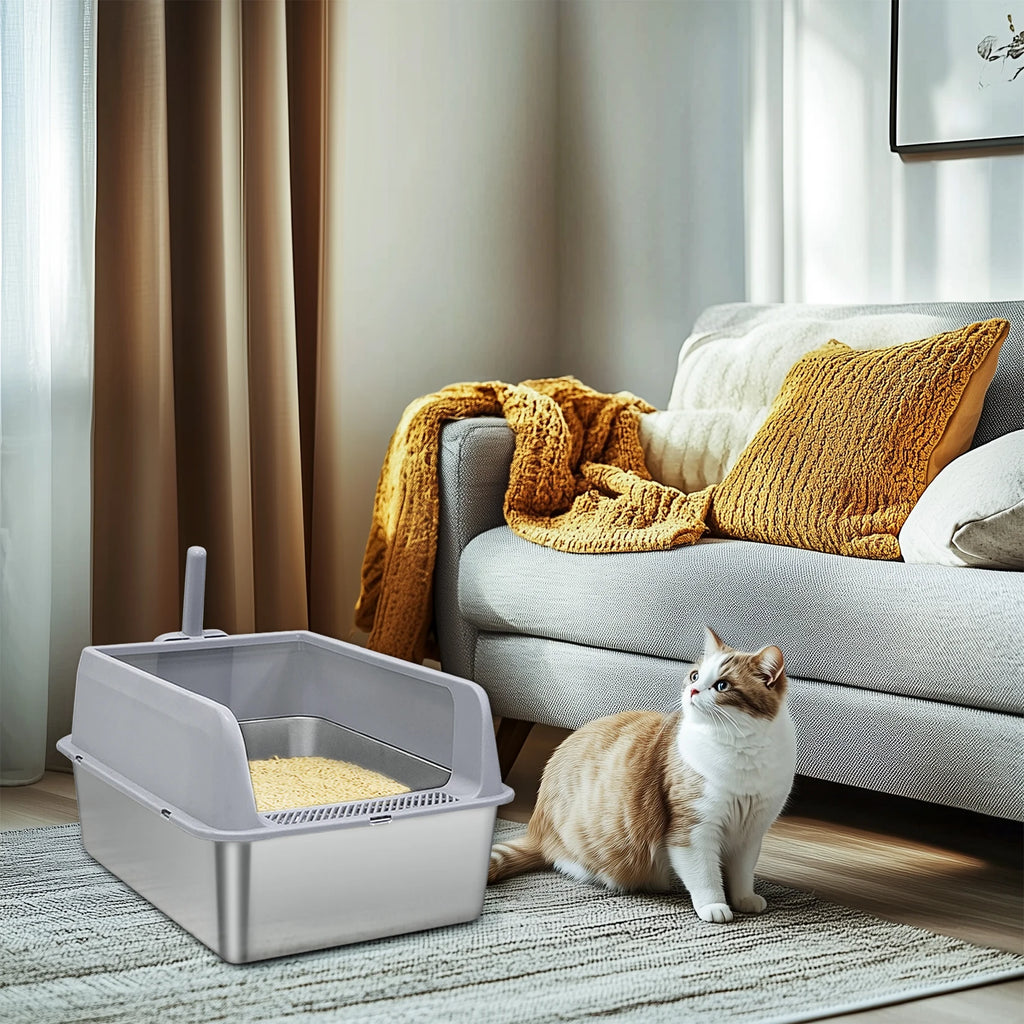 Bingopaw Stainless Steel Litter Box with Lid, High Sides Metal Litter Box System for for Big Cats, Anti-Leakage, Easy Cleaning