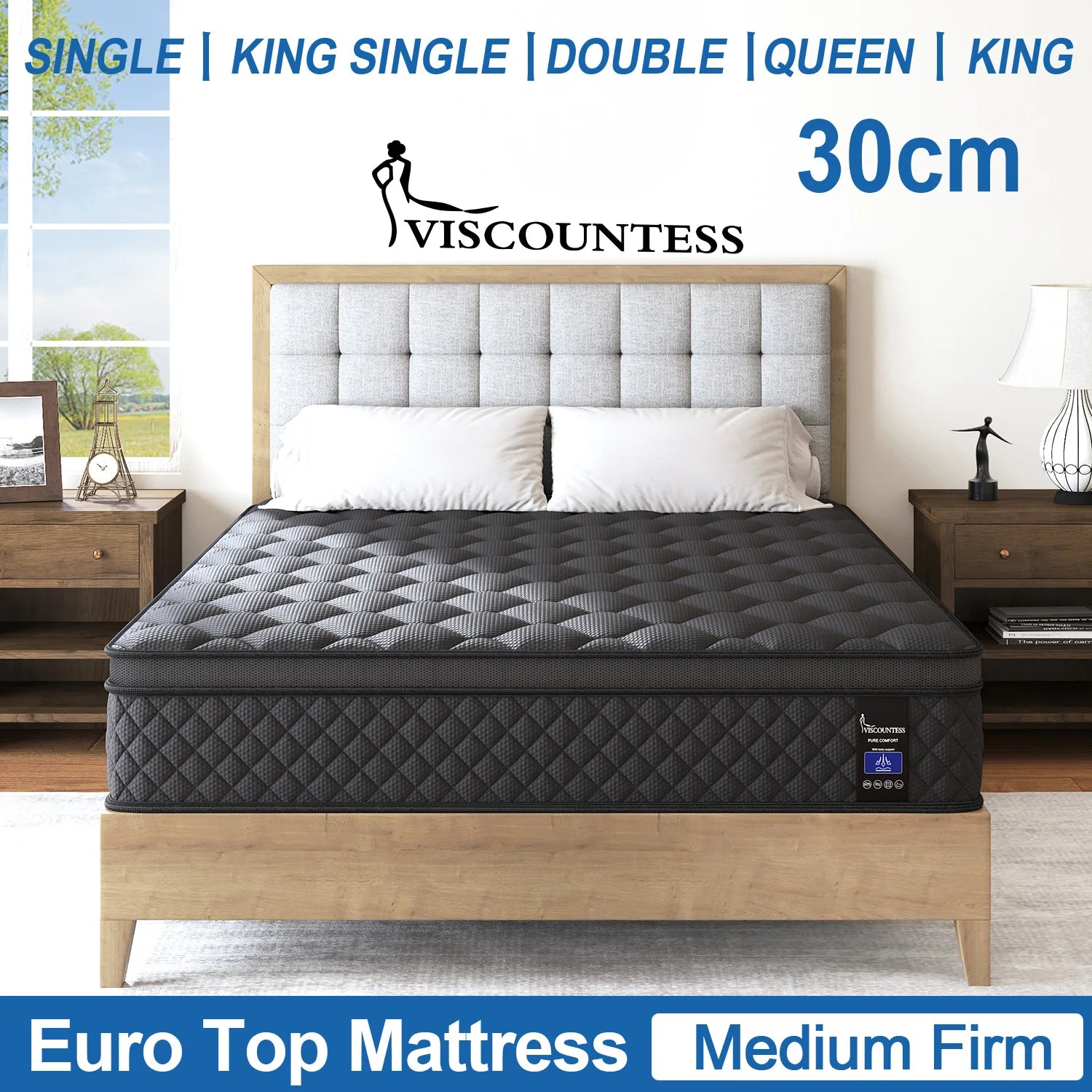 Mattress Euro Top Memory Foam Bed Queen Double King Single 30cm