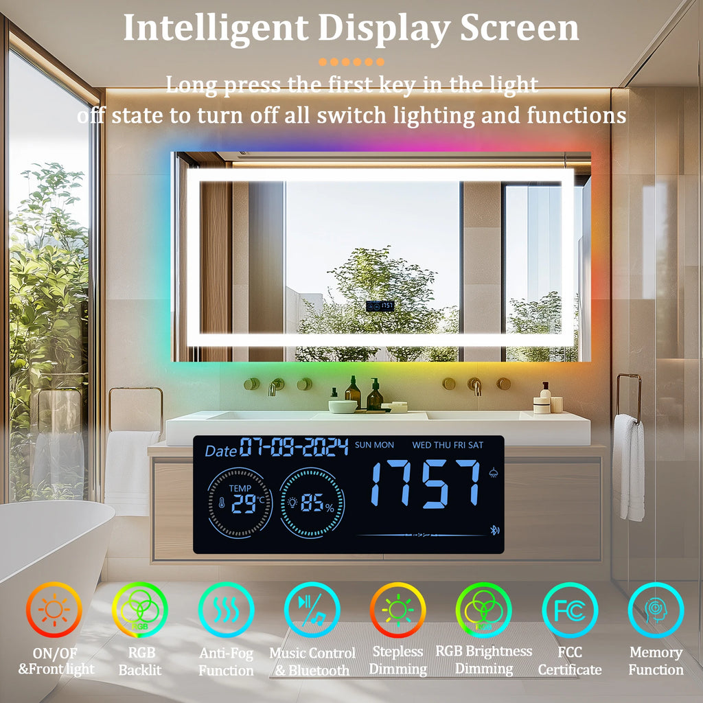 Wisfor Rectangular RGB Bathroom Mirror With Bluetooth Speaker 27x35inch Wall Lighted Bathroom Mirror With Smart Display, 3 Color