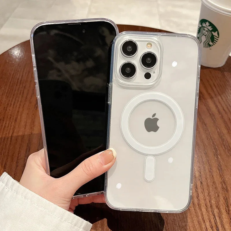 Clear For Magsafe Wireless Charge Phone Case For iPhone 16 15 14 13 12 11 Pro Max Plus Mini Magnetic Acrylic Transparent Cover