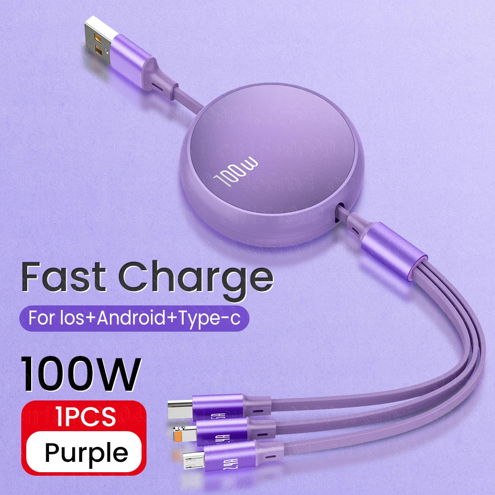 3 in 1 Retractable USB C 6A 100W USB Fast Charger