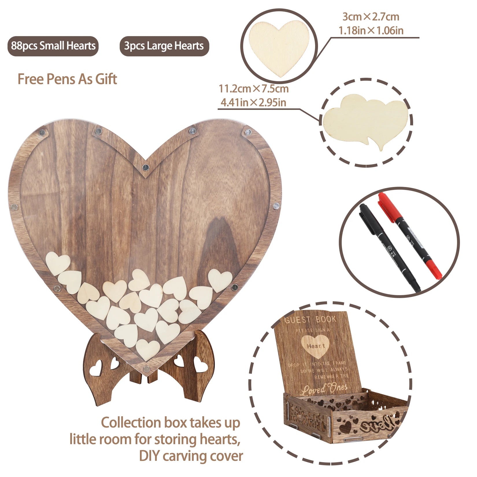 Wedding Guest Book Wooden 88pcs Heart-shaped Bracket Pastoral Wedding Storage Box Birthday Message Carving Carbonized Wood