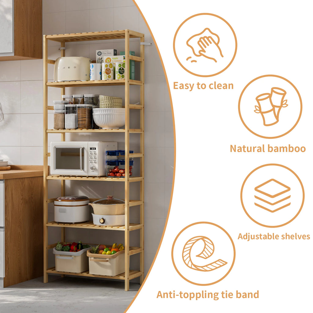 6 Tiers Bamboo Bookshelf Flower Rack with Adjustable DIY Shelves Free Standing Natural Wood Color Display Shelf for Living Room