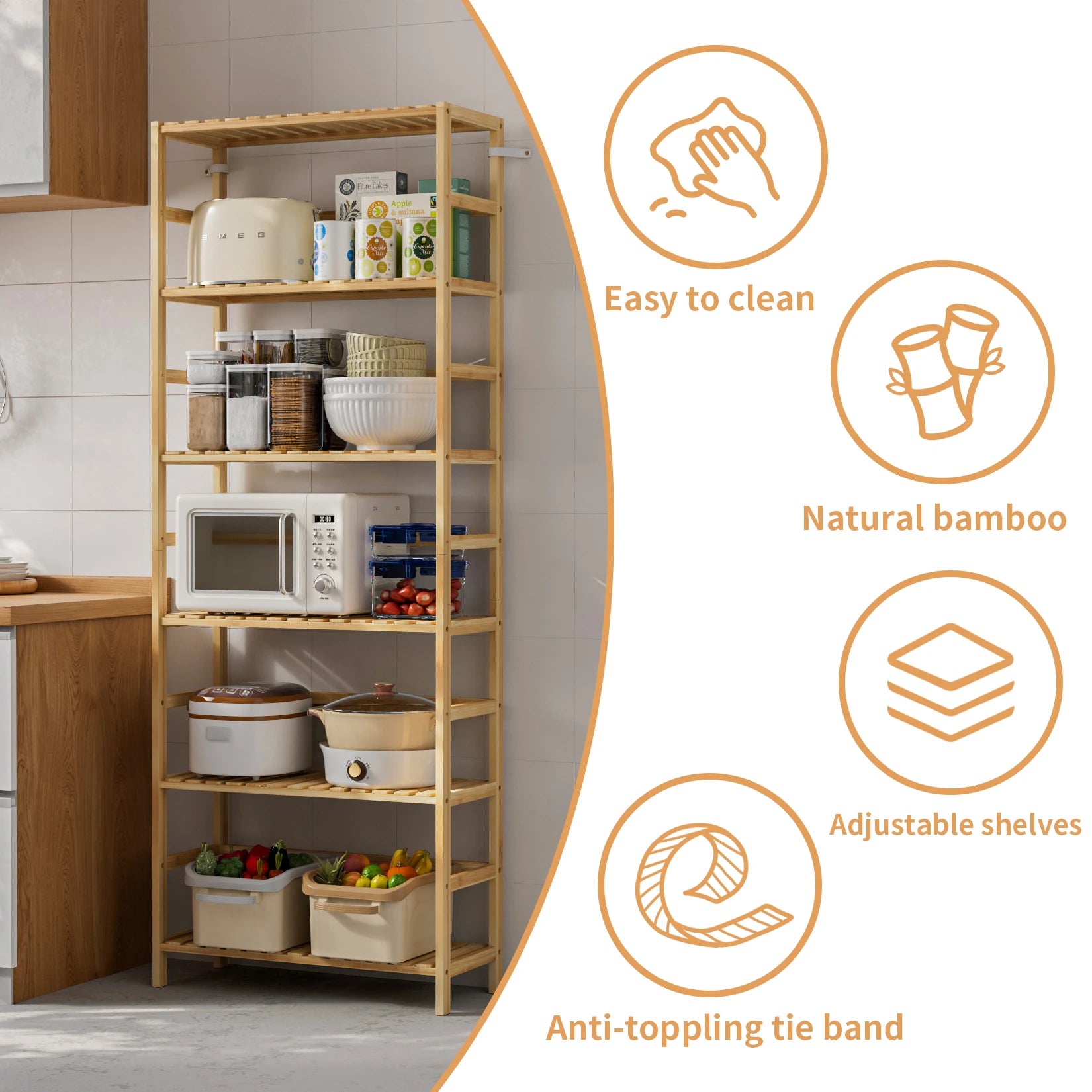 6 Tiers Bamboo Bookshelf Flower Rack with Adjustable DIY Shelves Free Standing Natural Wood Color Display Shelf for Living Room