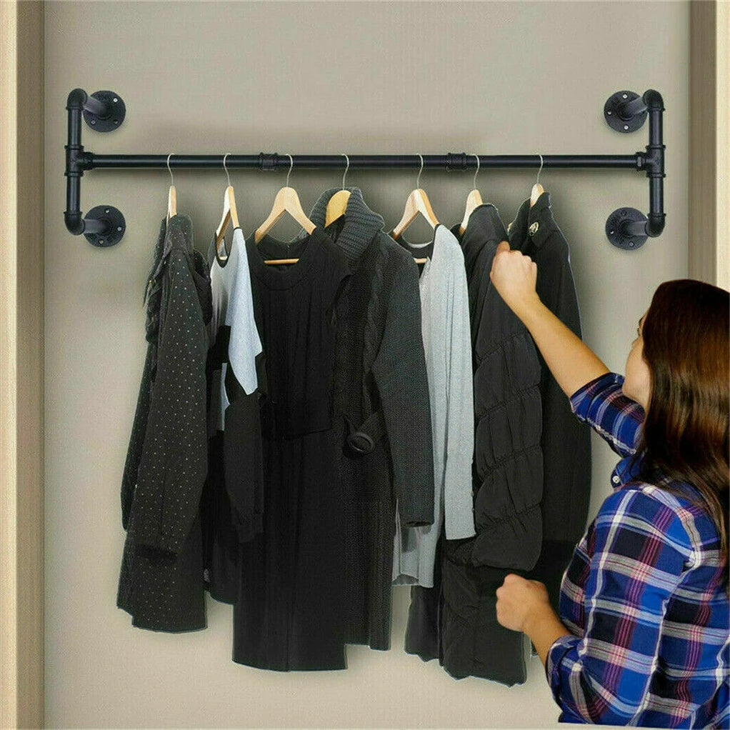 Industrial Pipe Clothes Rack Wall Mounted Hanging Bar Garment Rack Rail Detachable Bedroom Space-Saver for Home