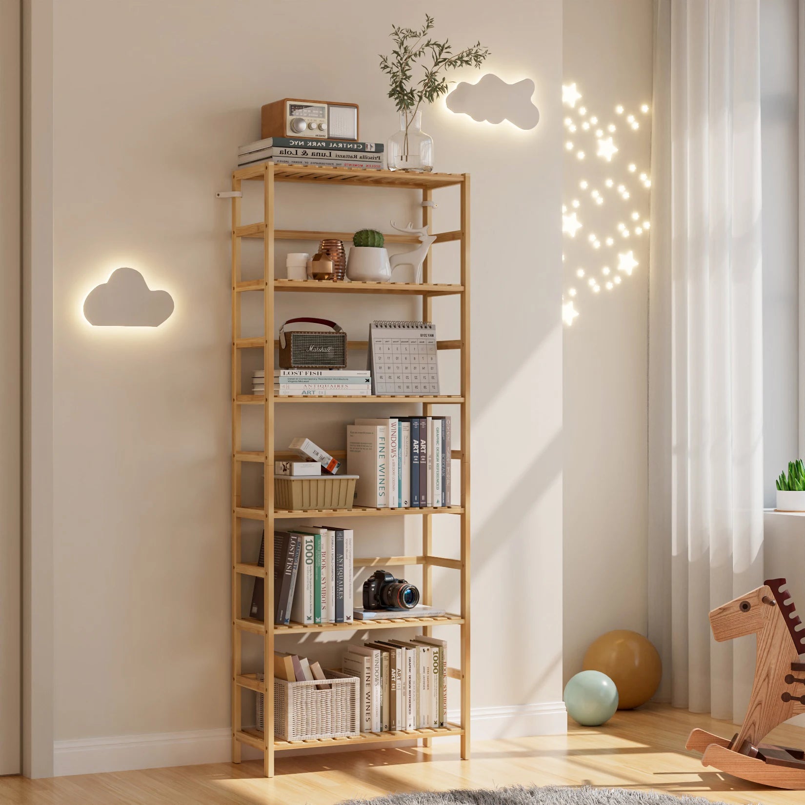 6 Tiers Bamboo Bookshelf Flower Rack with Adjustable DIY Shelves Free Standing Natural Wood Color Display Shelf for Living Room