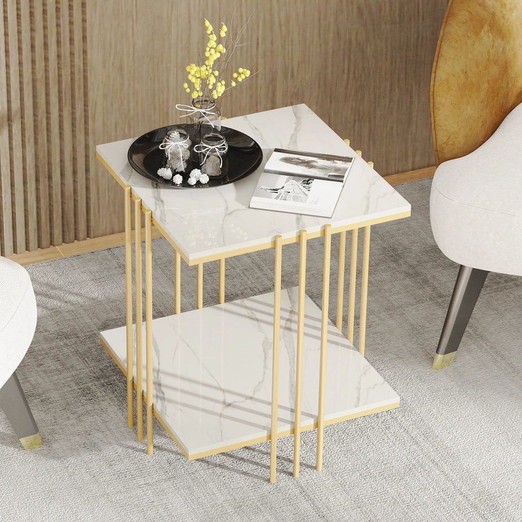 Marble Top Side Table Gold 2 Tier Square White End Tables 44.5x44.5x55.5cm Sintered Stone Marbles Tabletop Modern Small Bedside