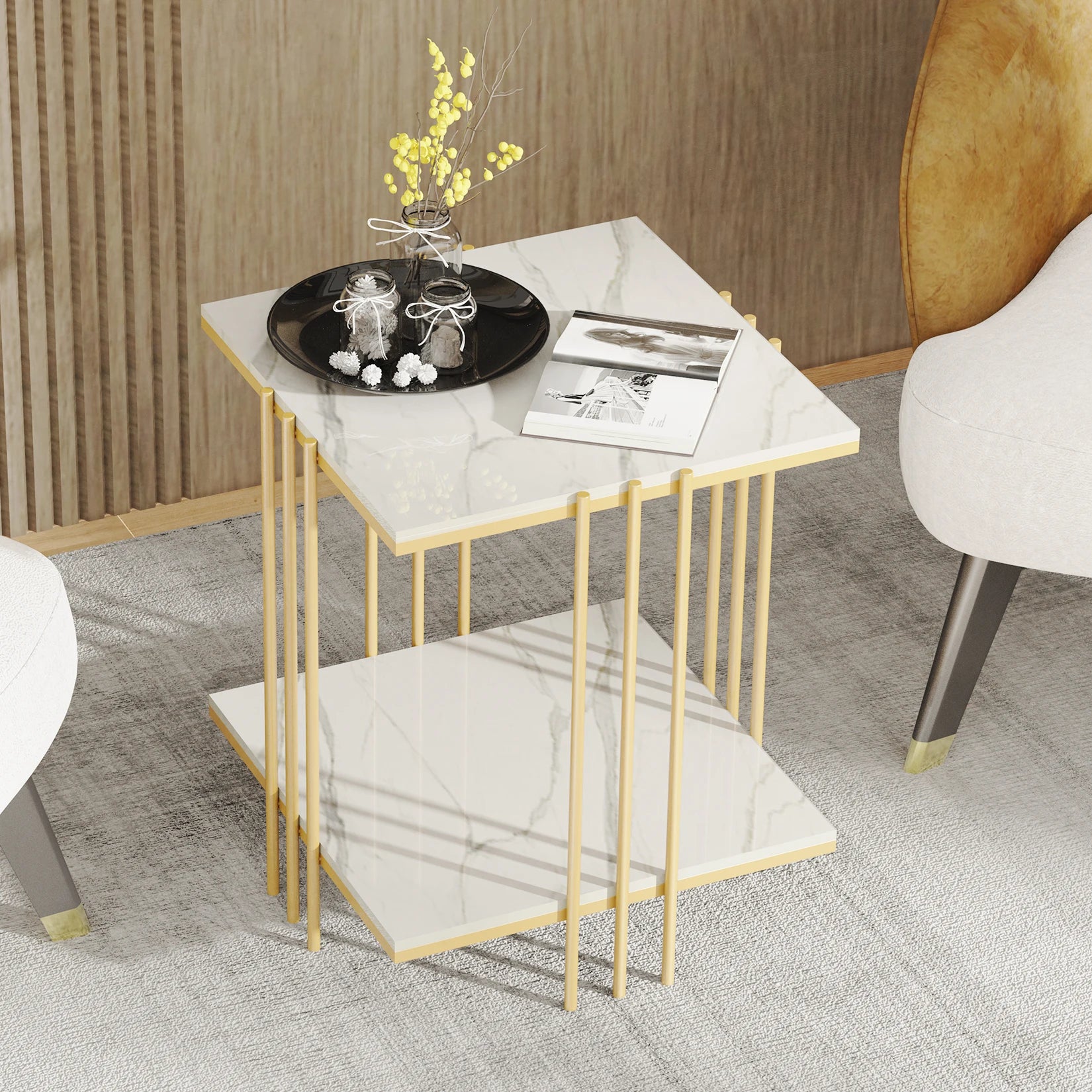 Marble Top Side Table Gold 2 Tier Square White End Tables 44.5x44.5x55.5cm Sintered Stone Marbles Tabletop Modern Small Bedside