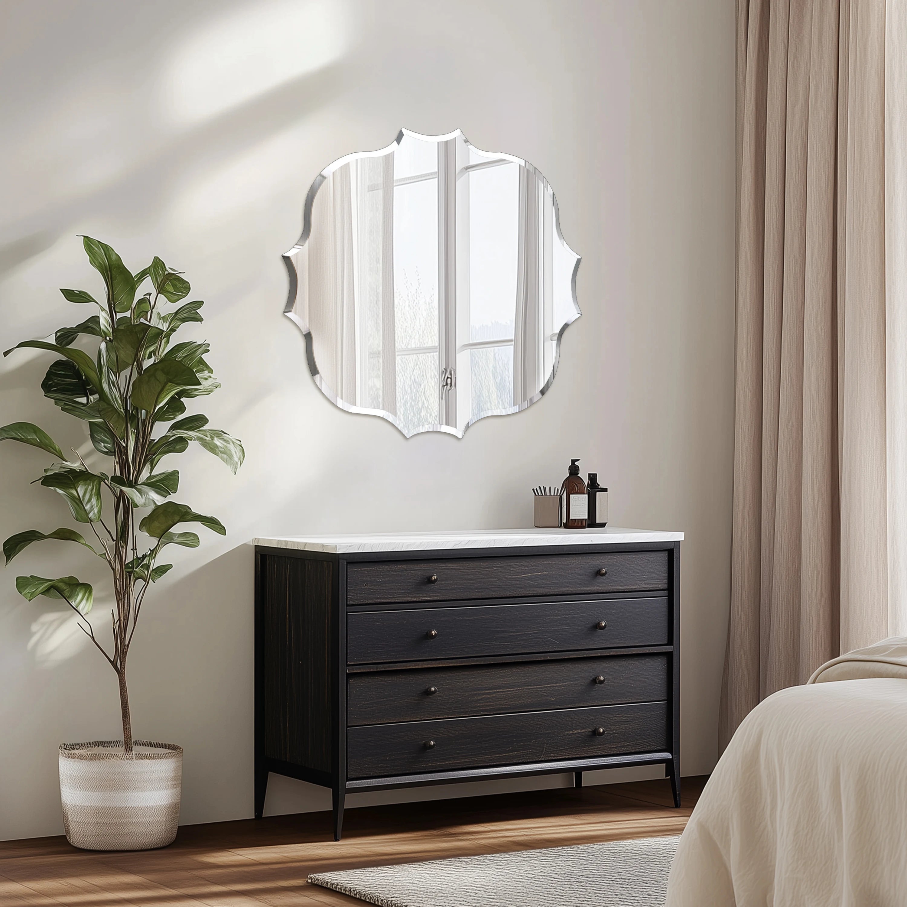 Wisfor Frameless Silver Square Wall Hanging Mirror, Elegant Beveled Edges Frameless Wall Hanging Mirror, Modern Accent Decor