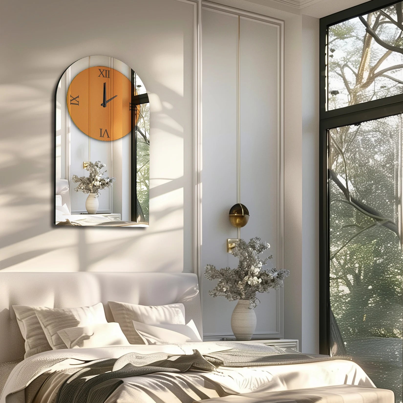Wisfor Wall Decorative Mirrors Arched Brown Tinted Glass Wall Mounted Clock for Home,Hotel,Living Room,Dining Room,Bedroom Walls