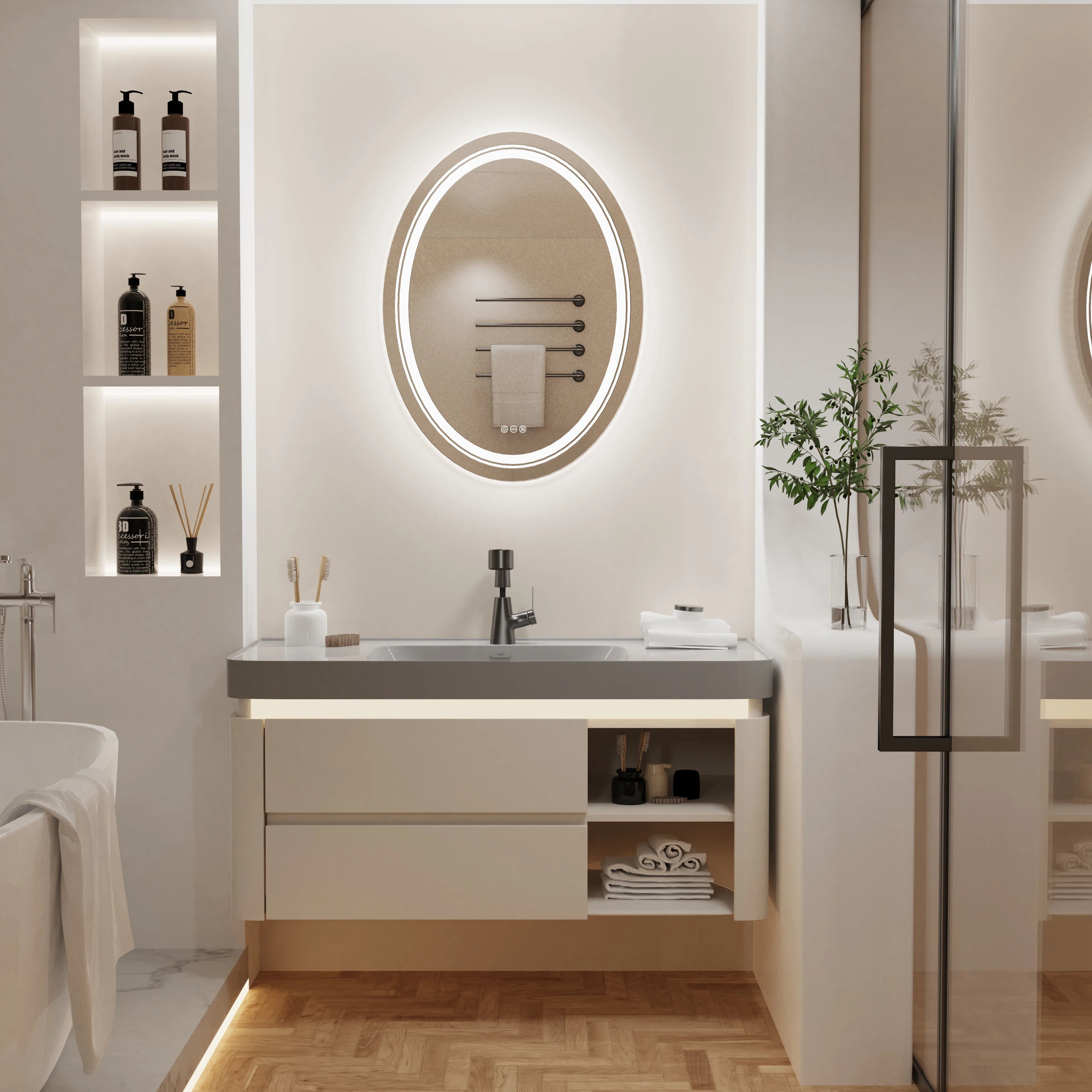 600x800mm LED Oval  Anti-Fog Smart Touch Sensor Memory Function Wall Vanity Mirror Bathroom Backlit Front Lighted with 3 Colors