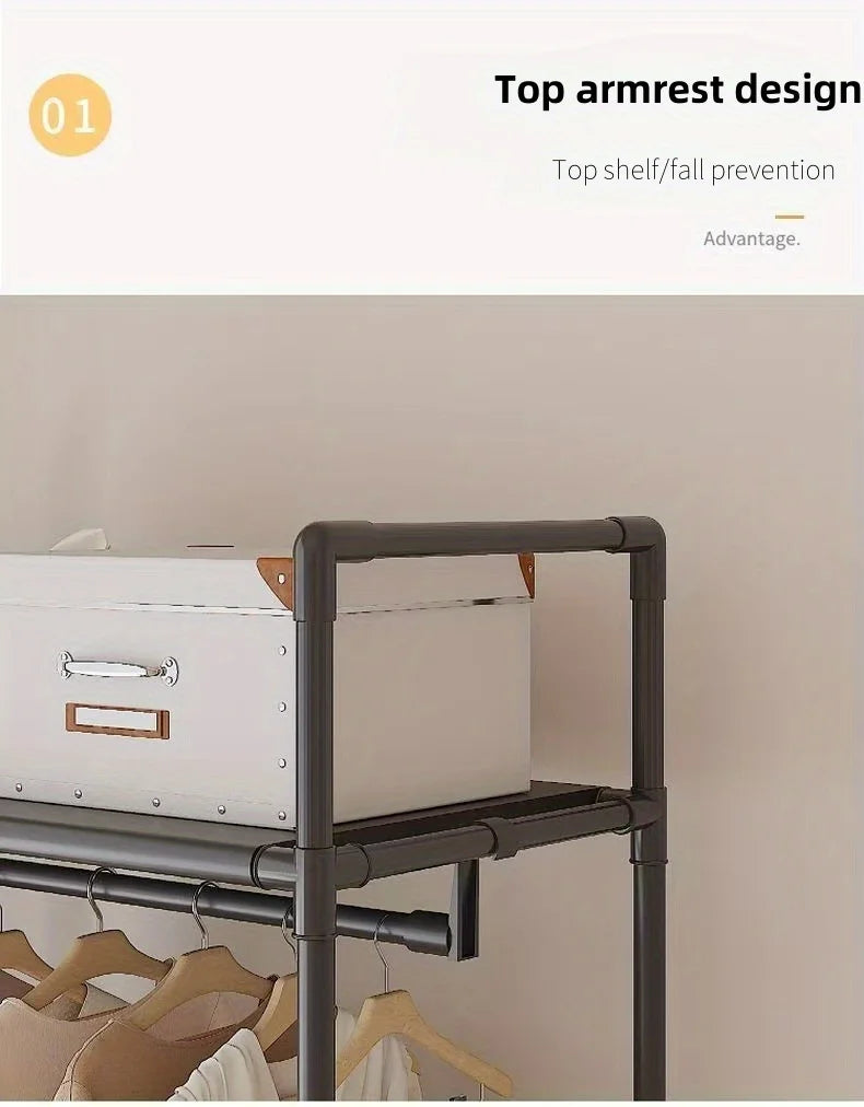 Clothing Storage Rack with Wheels, Hooks & Shelves - Space-Saving Organizer, Durable Freestanding Clothes Organizer for Bedroom