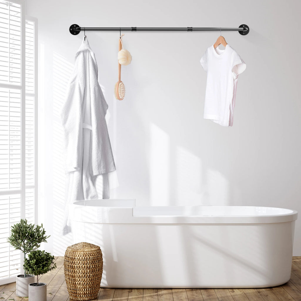 180cm Bedroom Garment Home Rail Multipurpose Wall Mounted Industrial Pipe Clothes Rack Space Saving Hanging Shelf with 3 Hooks
