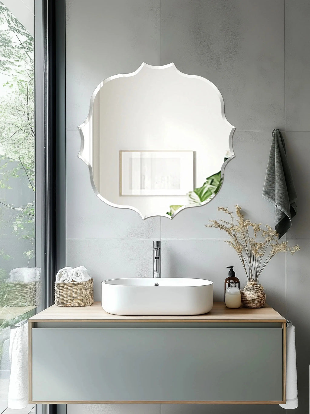 Wisfor Scalloped Edge Beveled Frameless Bathroom Wall Mirror for Living room, Bedroom, Entrance