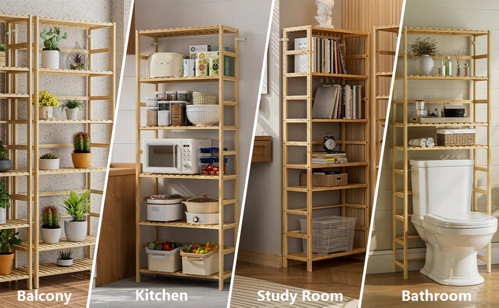 6 Tiers Bamboo Bookshelf Flower Rack with Adjustable DIY Shelves Free Standing Natural Wood Color Display Shelf for Living Room