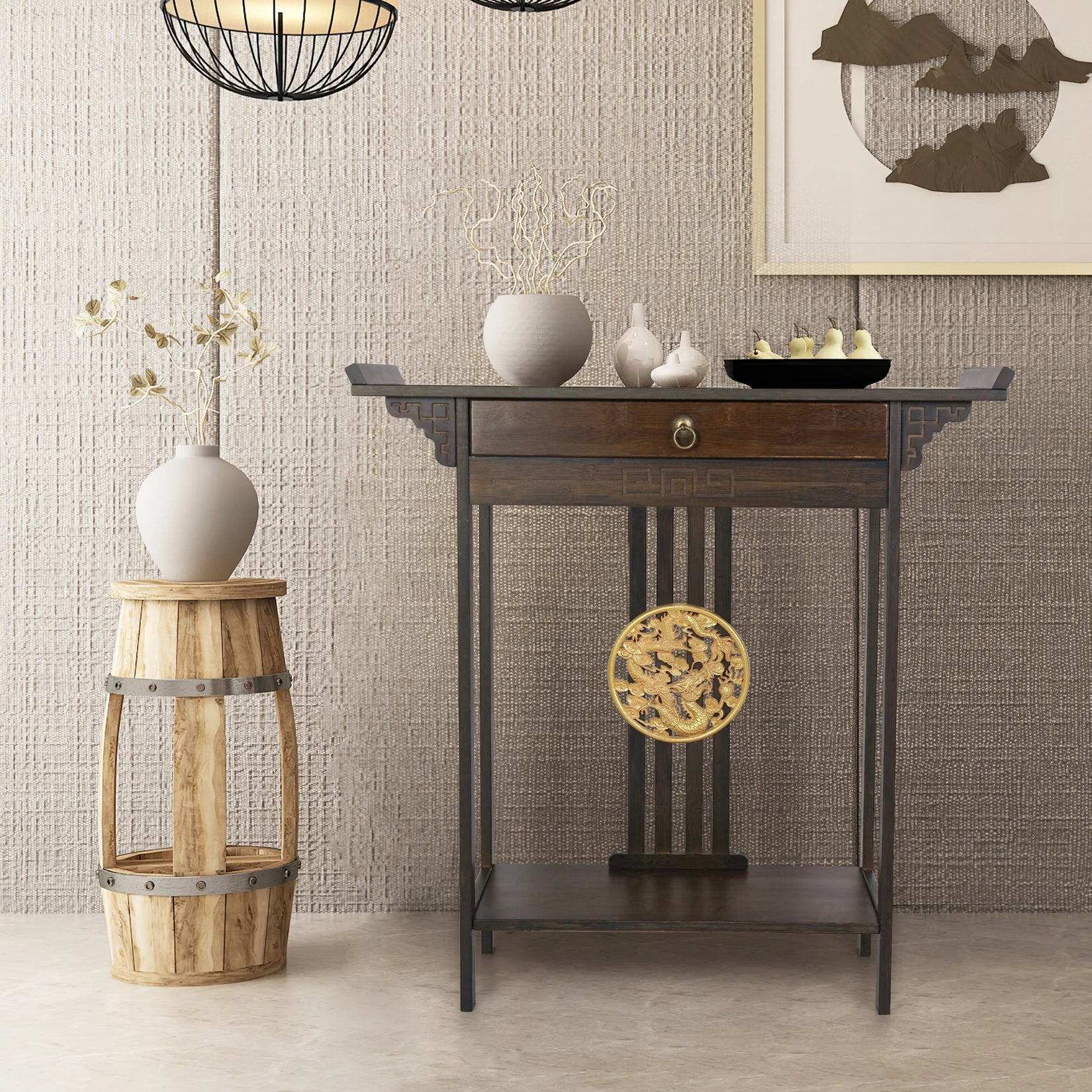 Vintage Rustic Console Table Hall Console Table Luxurious Totem Decor with Pull Drawer & Shelf Living Room Furniture
