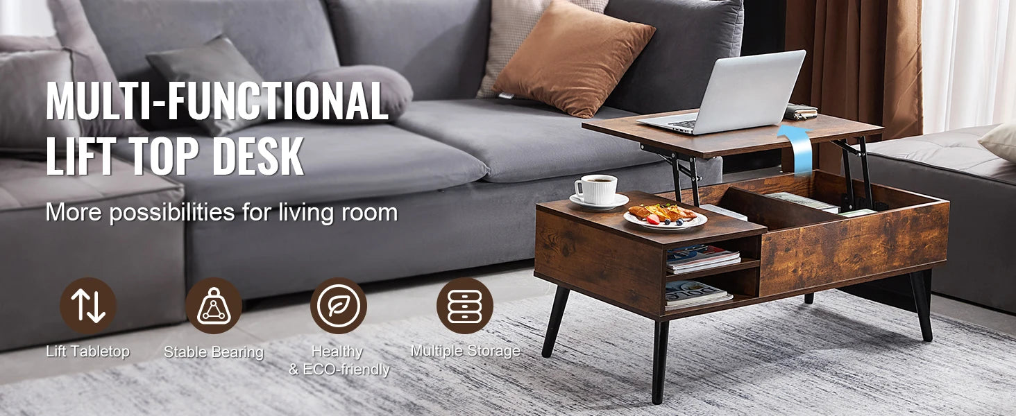 VEVOR Lift Top Coffee Table Round Rectangle Table with Extra Storage Pockets Pop Up & Flipable Coffee Table for Living Room
